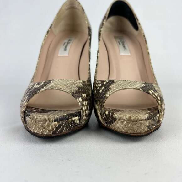 LK Bennett Womens Snake Embossed Peep Toe Pumps Brown Leather Heels size 36 US 6 - Picture 5 of 16